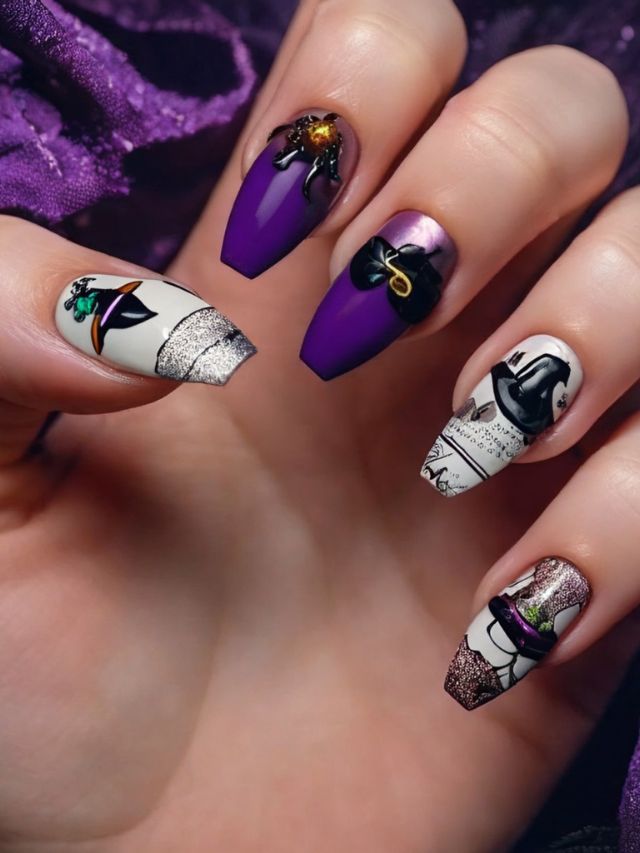 A woman's nails are decorated with witches and witches hats.