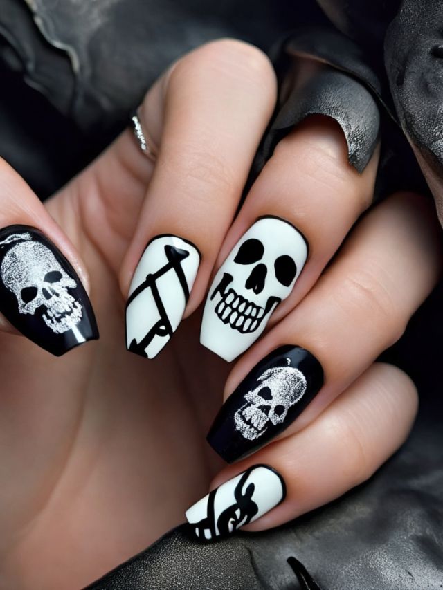 Black and white nails with skulls on them.