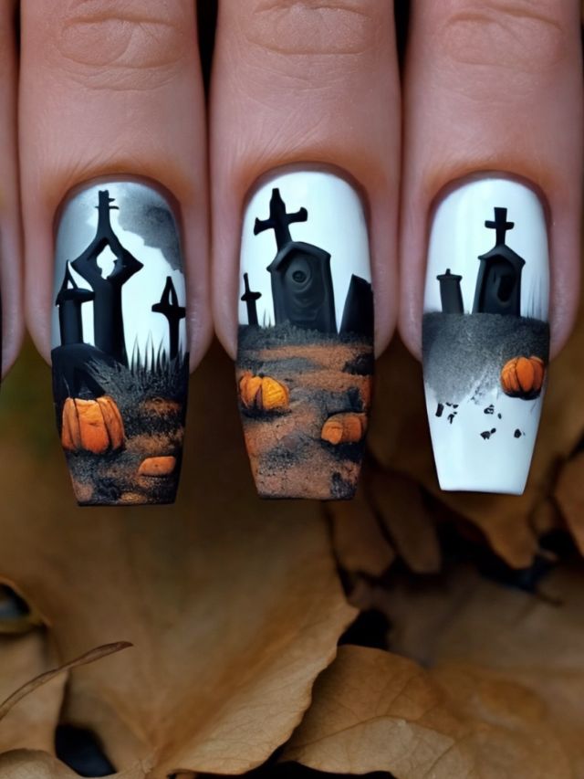 A woman's nails are decorated with pumpkins and tombstones.