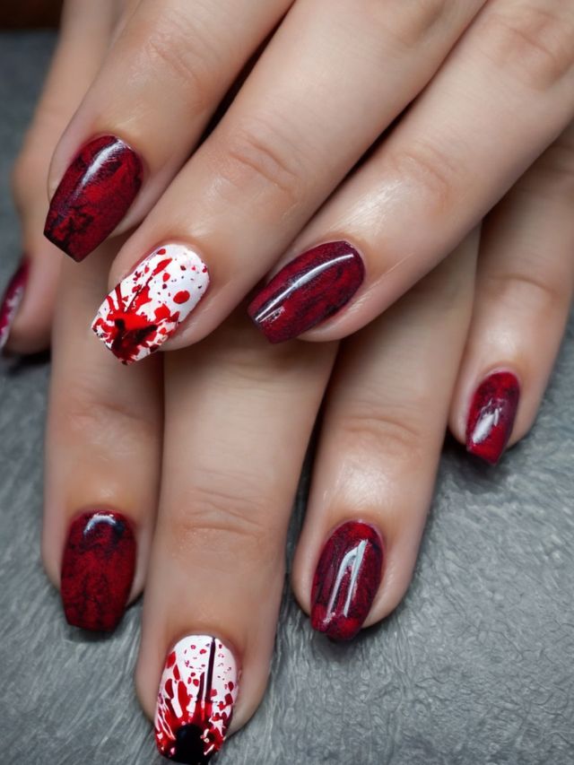 A woman's nails with blood splatters on them.