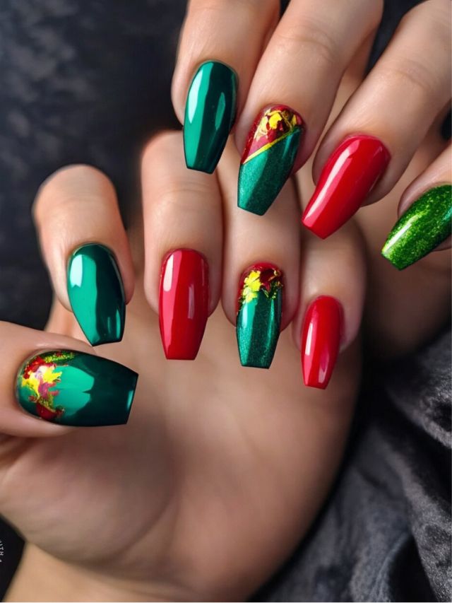 A woman with stunning red and green mirror nail designs holding a Christmas ornament.
