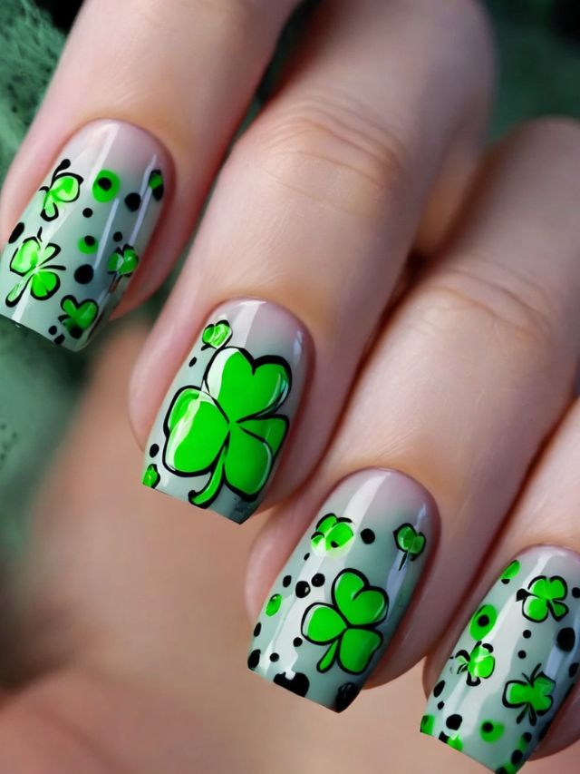 St patrick's day nails with shamrocks and dots.