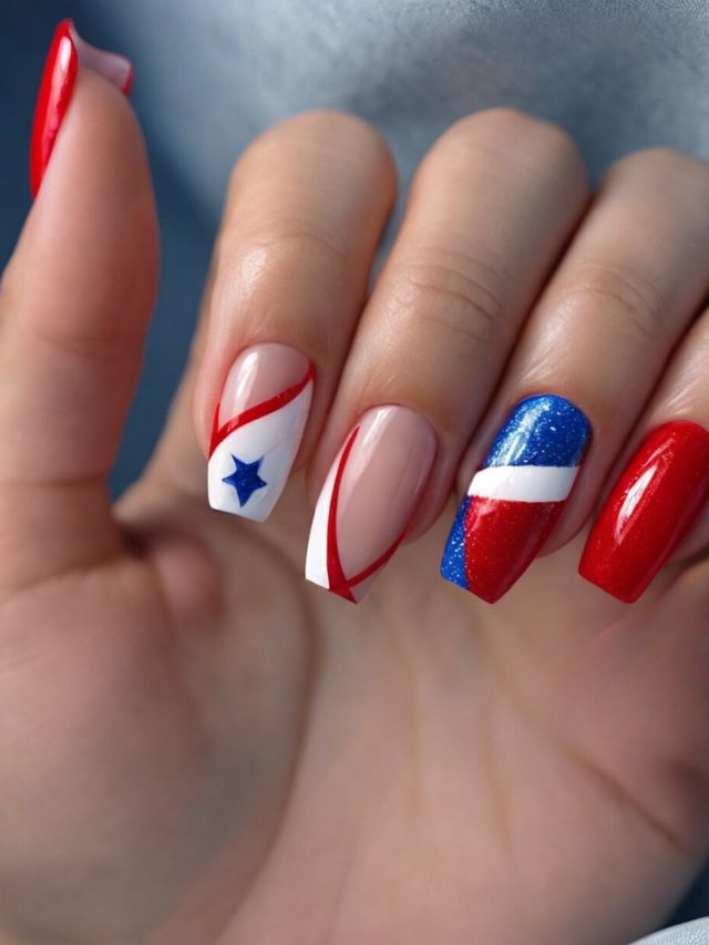 A woman with red, white and blue nails showcasing her patriotic Nail Designs.