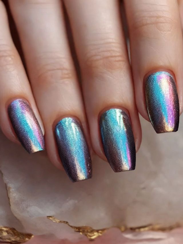 A woman's hand showcasing holographic nail polish in January.