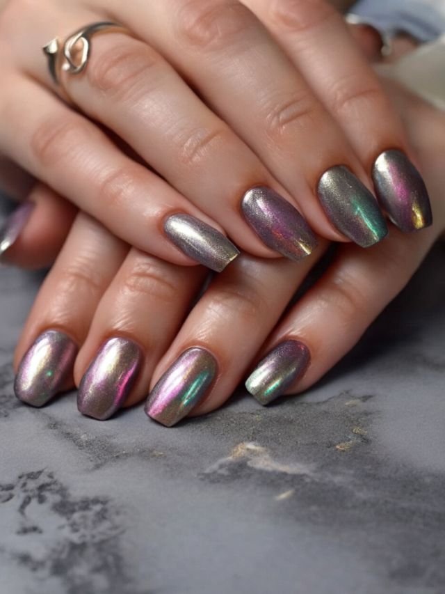 A woman's hands showcasing stunning January Nail Designs with holographic nails on a marble table.