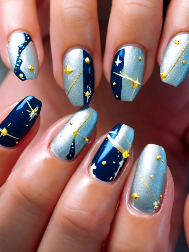 A woman's nails adorned with blue and gold star designs.