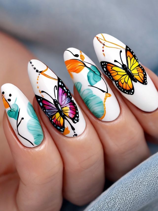A woman is holding a white nail with colorful butterflies on it.