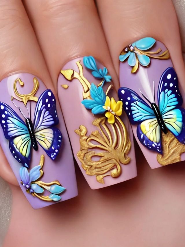 A woman's nails are decorated with butterflies and flowers.