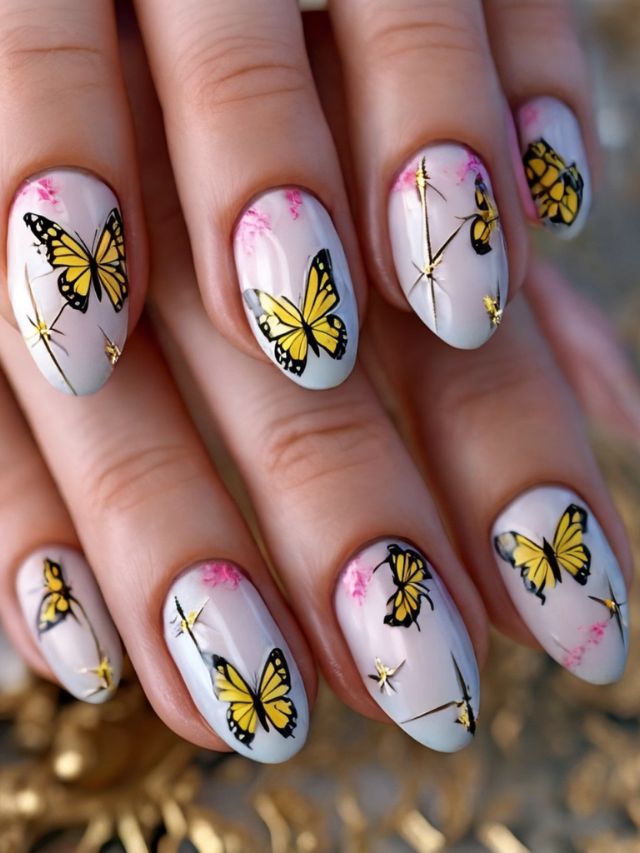 A woman's nails with butterflies painted on them.