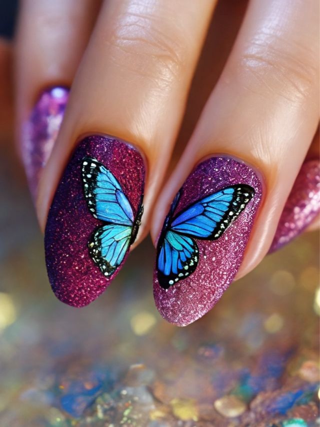 A woman's pink and purple nails with butterflies on them.