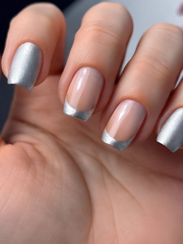 A woman's hand with silver nail polish on it.