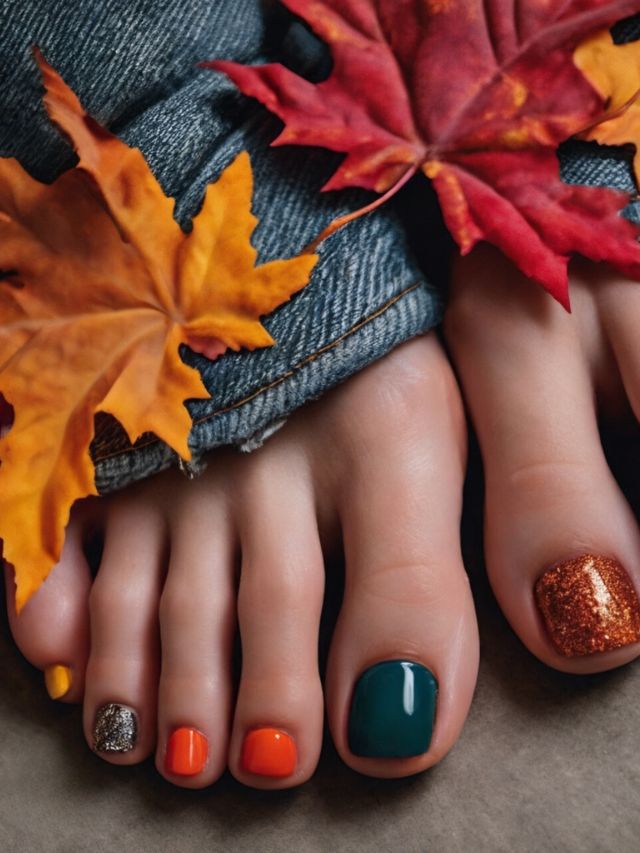 A woman's toes adorned with cute fall toe nail designs featuring autumn leaves.
