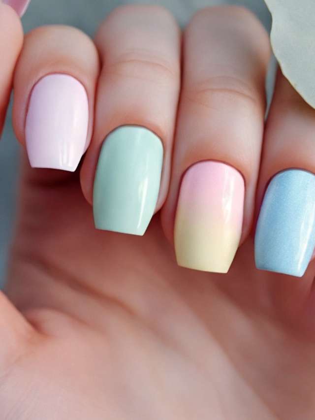 A woman's hand holding a pink, blue, and yellow manicure.