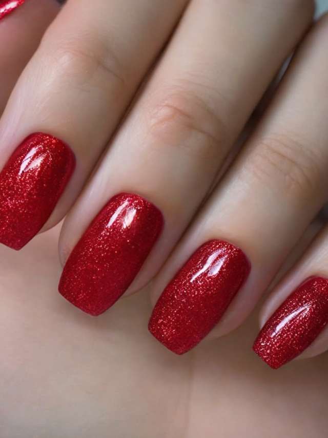 A woman's hand with red glitter nails.