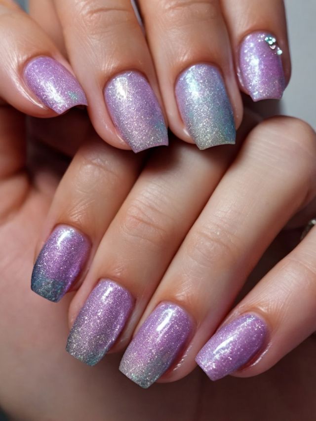 A woman's nails with purple and blue glitter in a stunning nail design perfect for the month of January.