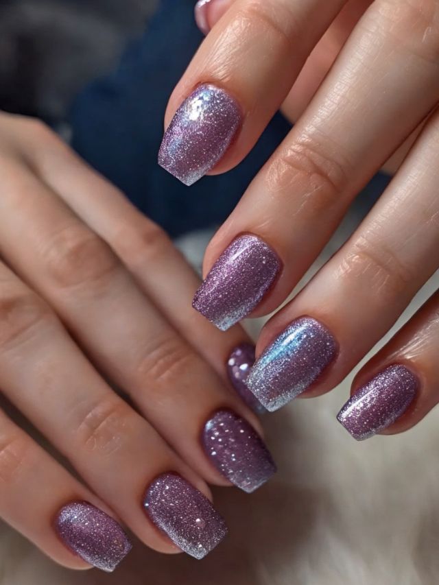 A woman's hands with purple and silver glitter nails showcasing beautiful Nail Designs.