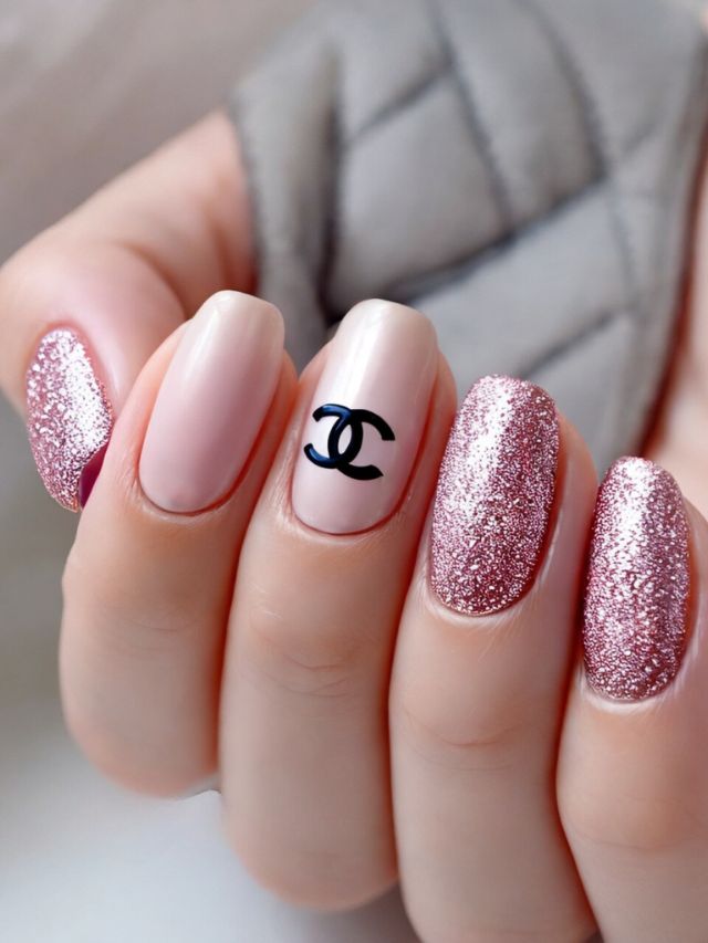 Chanel nails with pink glitter and a fall nail design.