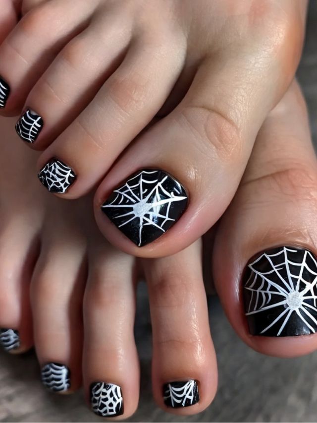 A woman's toes adorned with cute fall spider web designs, showcasing stunning toe nail art.