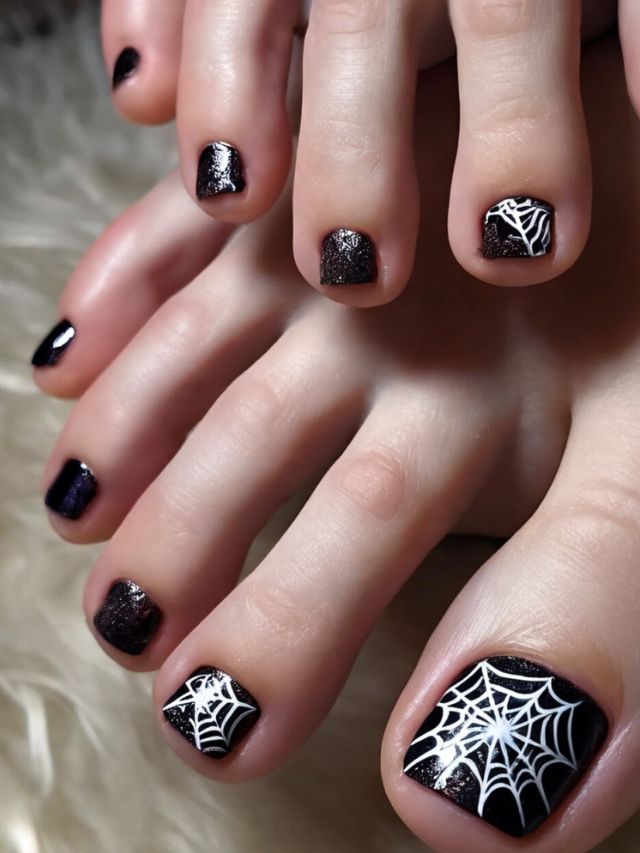A woman's toes with spider web designs on them, showcasing cute fall toe nail designs.