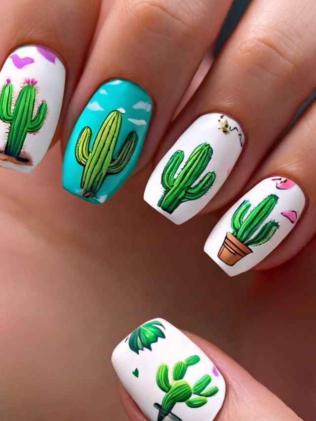 A creative woman is proudly displaying her nail adorned with intricate cactus designs.