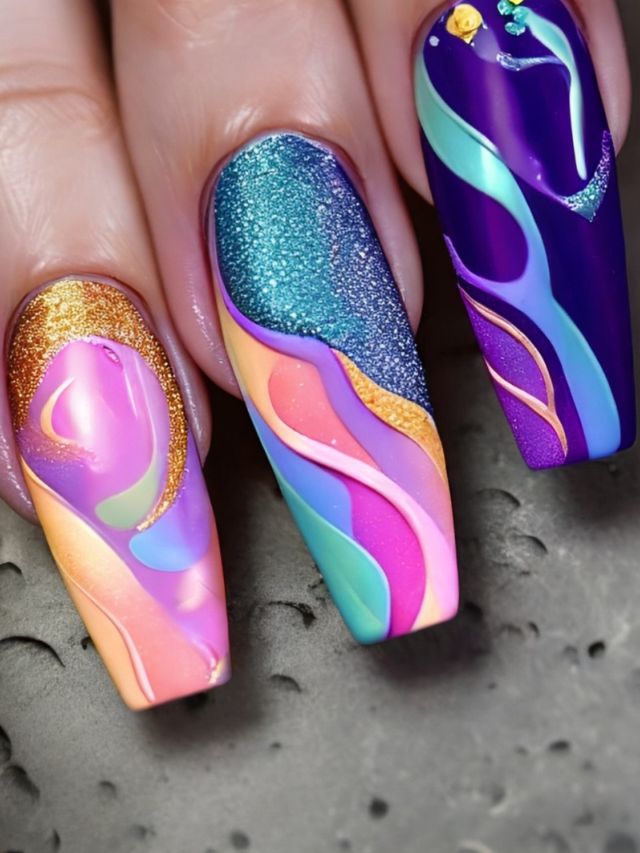 A woman's nails with colorful designs on them.