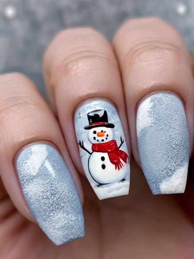 A woman's nails with a snowman nail design.