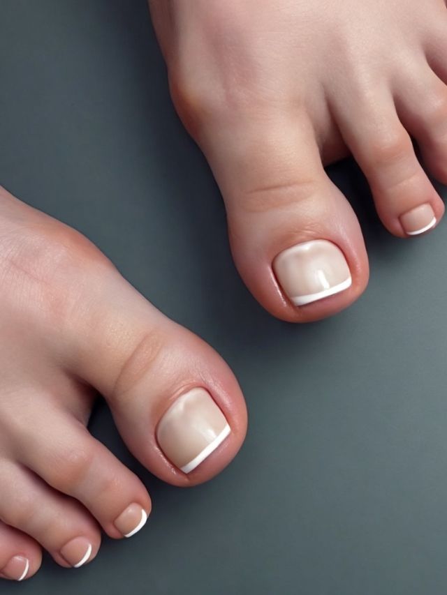 A woman's toes with white nails on a grey background.