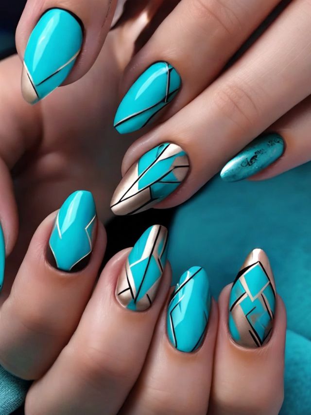 A woman's hand with turquoise and gold nails.