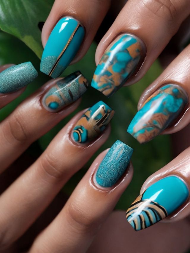 A woman's hands with turquoise and gold nails.
