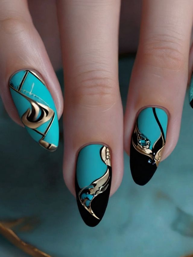 A woman's nails with black and turquoise designs.