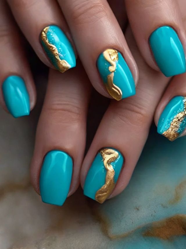 A woman's hand with turquoise and gold nails.