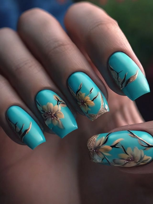 A woman is holding a blue nail with gold flowers on it.