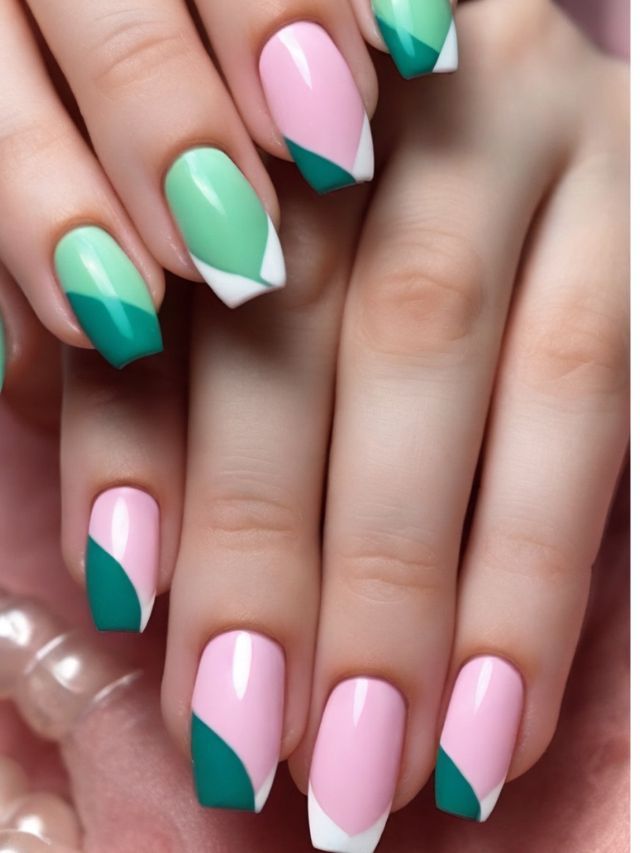 A close up of green and pink nails.