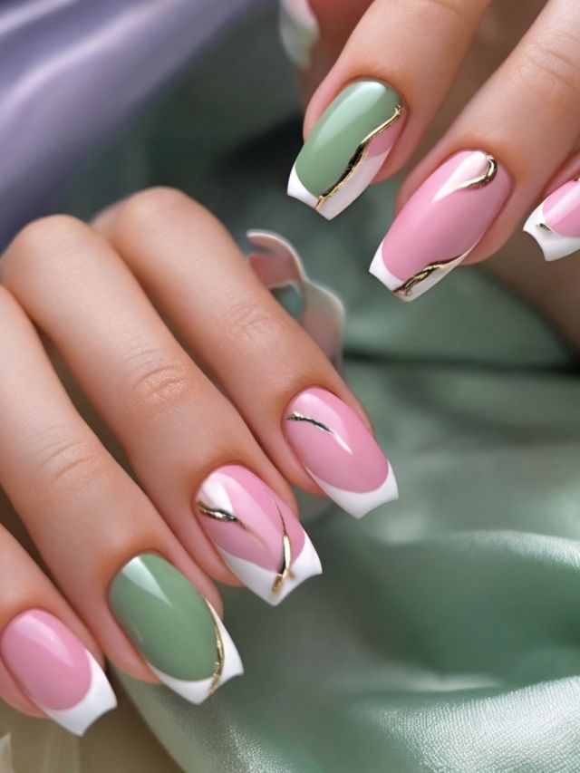 A woman's pink and green nails with gold accents, showcasing stylish pink and green nail designs.