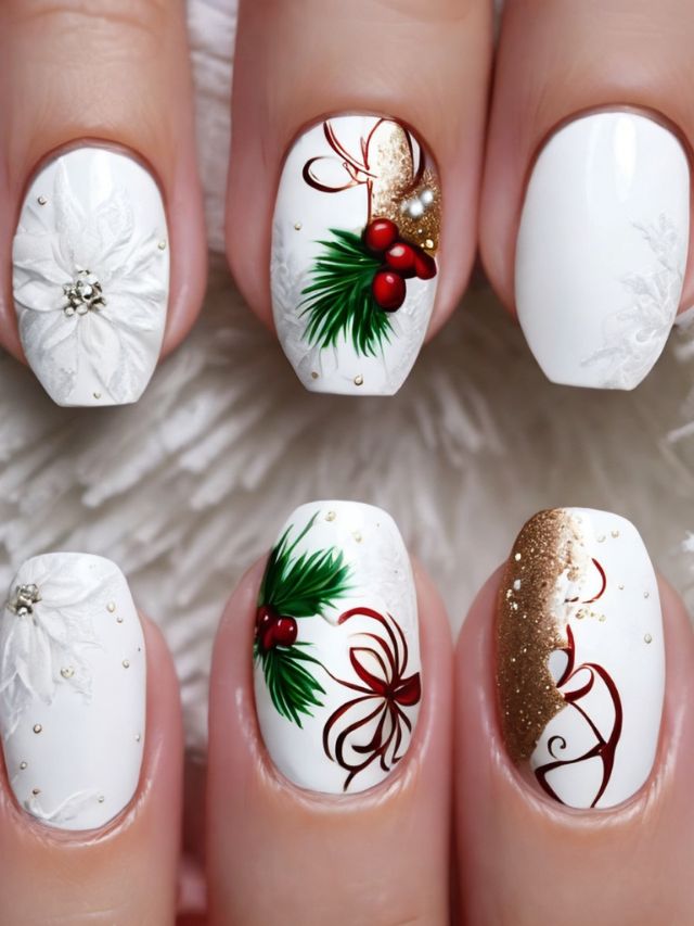A woman's white nails with christmas decorations on them.