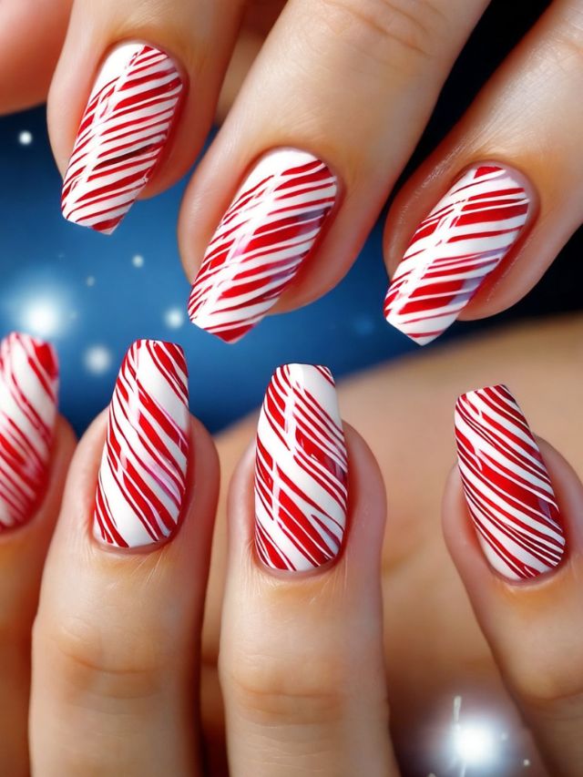 A woman's hand with red and white candy cane nails.