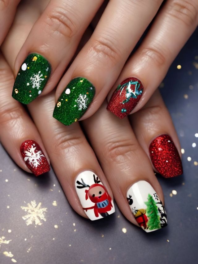 A woman's nails are decorated for christmas with reindeer and snowflakes.