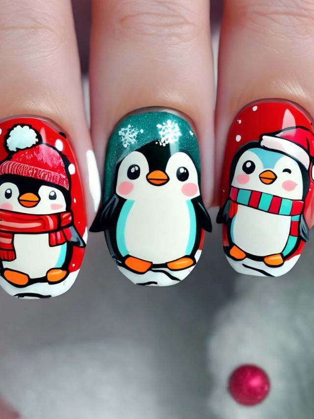 A woman's nails are decorated with penguins and santa hats.