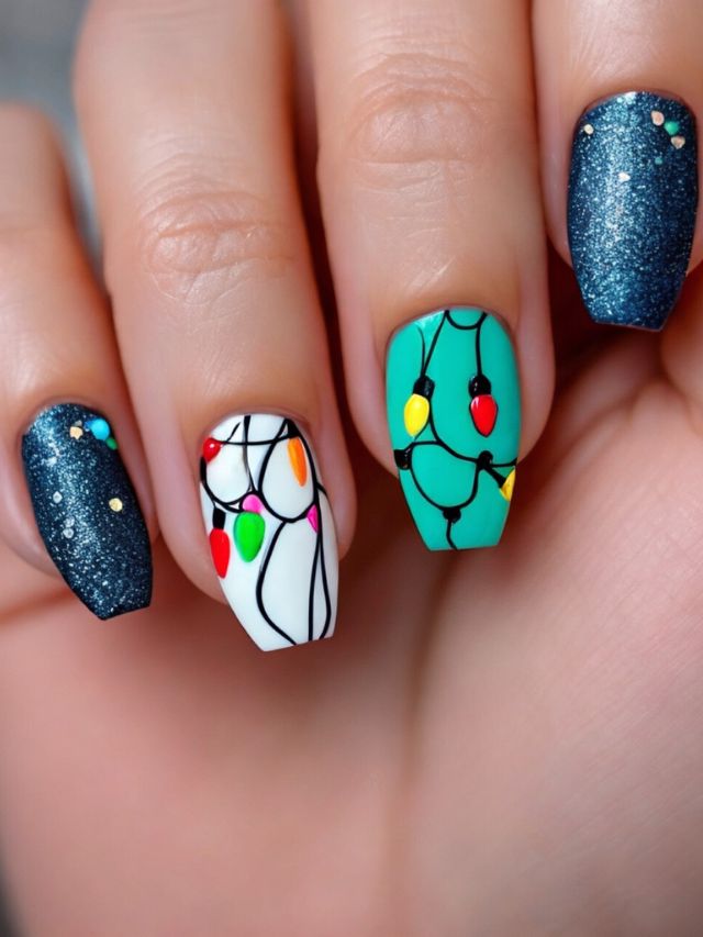 A woman's nails with christmas lights on them.
