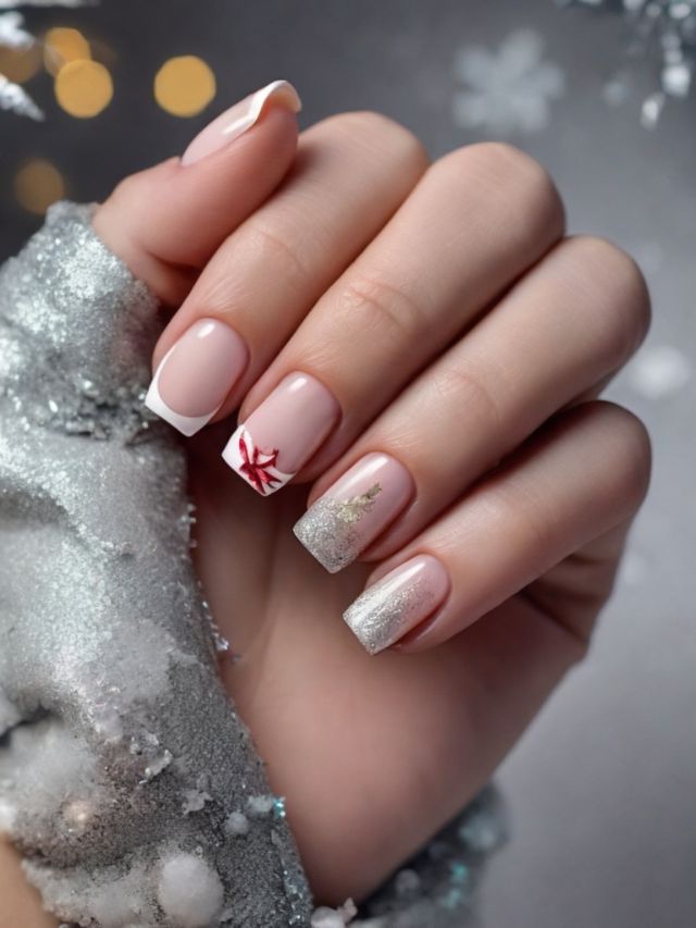 A woman's hand with white and silver nails and snowflakes.