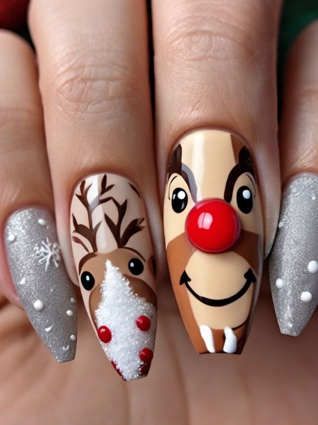 Rudolph the red nosed reindeer nail art.