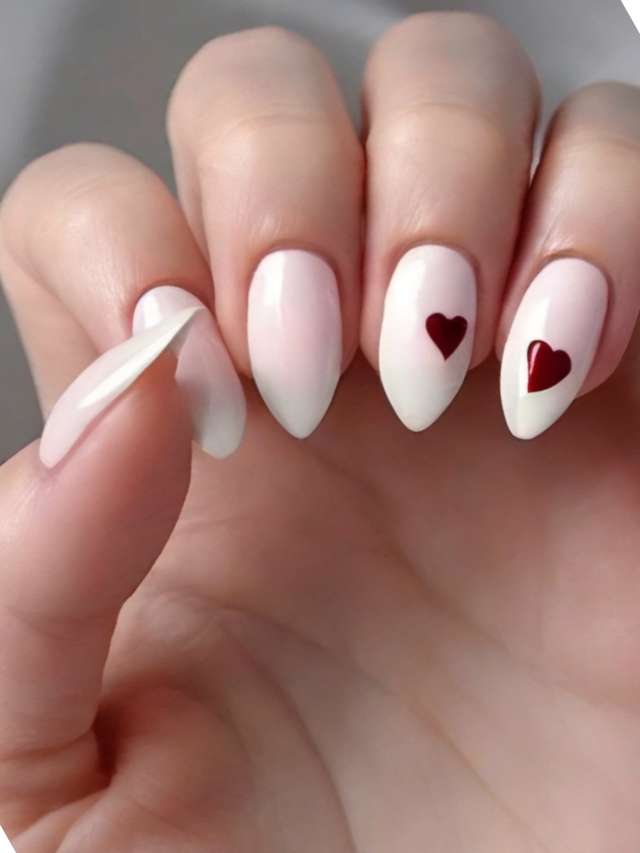 A person holding a pink and white nail with a heart on it.
