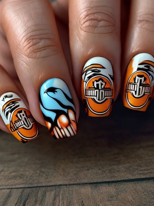 Harley Davidson-inspired nail art with a touch of Ninja Turtle influences.