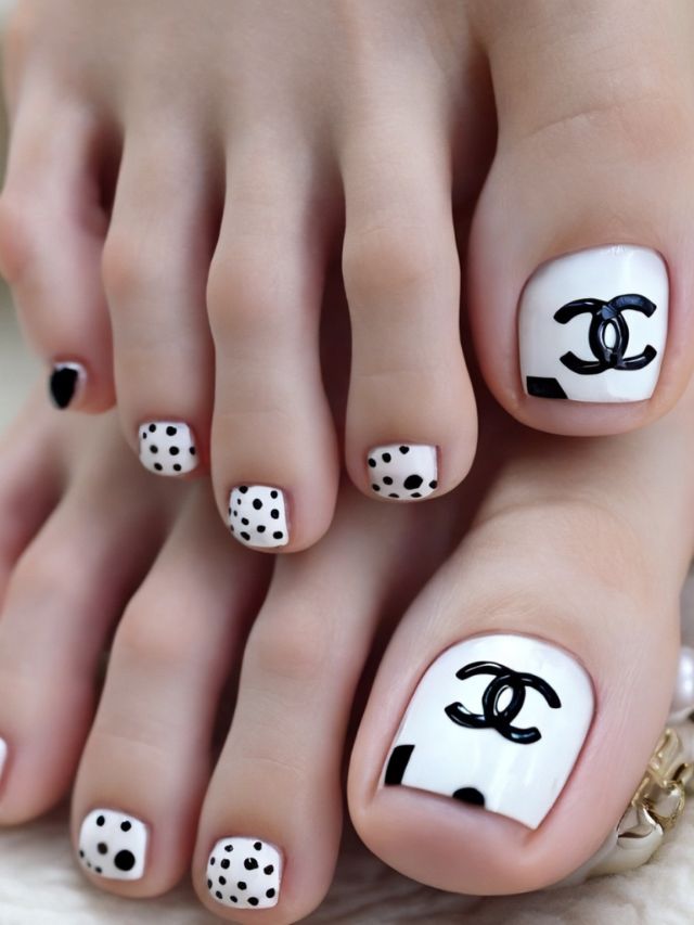 Black and white chanel toe nails with polka dots.