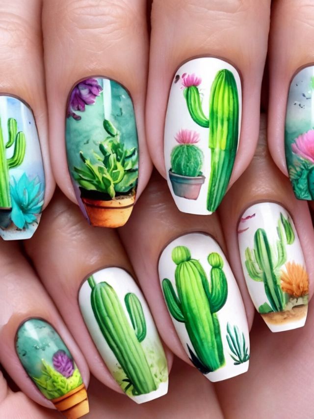 Creative nail designs featuring cactus motifs.