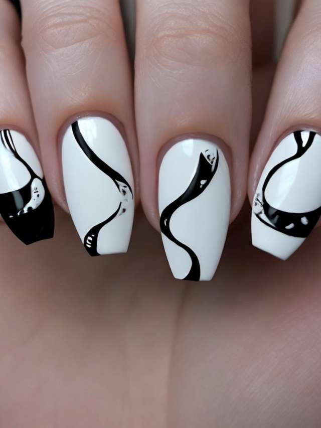 Black and white nails with swirl designs.