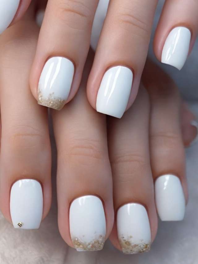 A woman's hands with white and gold nails.