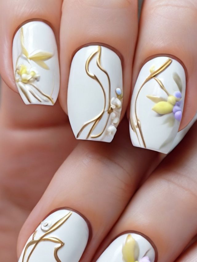 A woman is holding a cute white nail with flowers on it, perfect for Easter.