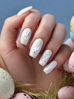 A woman's nails adorned with exquisite Easter-themed nail designs, featuring delicate white bunny nails and beautifully painted Easter eggs.
