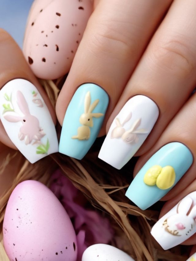 A woman's nails are creatively adorned with Easter eggs, bunnies, and festive nail designs.
